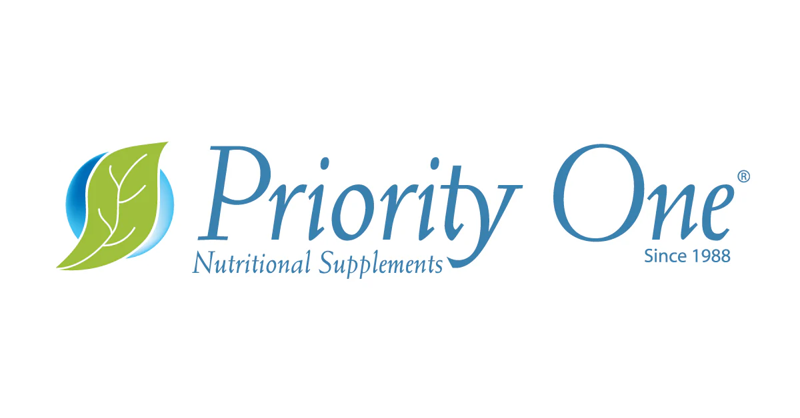 Logo for Priority One Nutritional Supplements with leaf graphic, company name, and tagline 'Since 1988'.