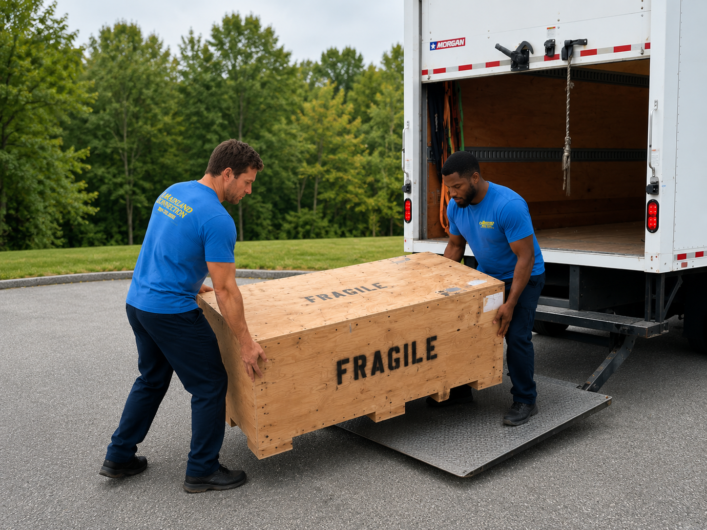 Two workers in blue shirts load a large wooden crate marked 'FRAGILE' into a moving truck on a paved area with green trees in the background.