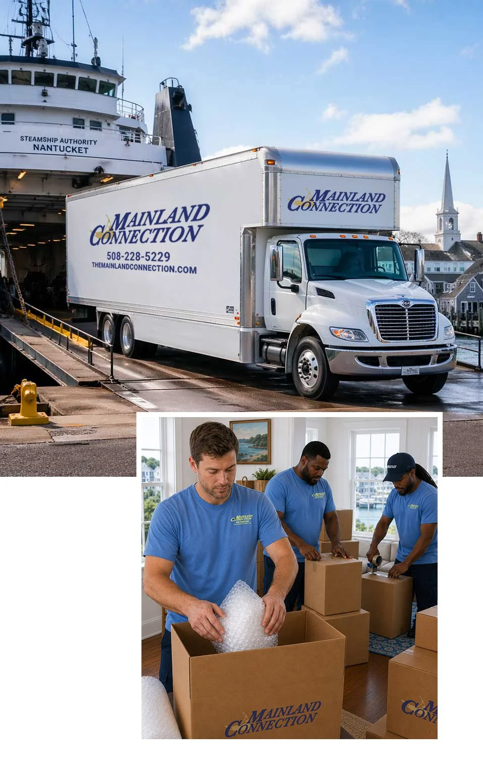 A Nantucket moving truck with 'Mainland Connection' branding parked on a Nantucket Steamship Authority Ferry dock. Inside a home, three men in blue shirts packing boxes with 'Mainland Connection' logo.