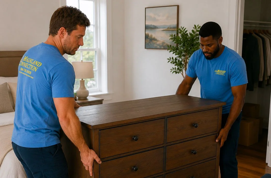 The Mainland Connection Nantucket movers in blue shirts lifting a wooden dresser in a bedroom.