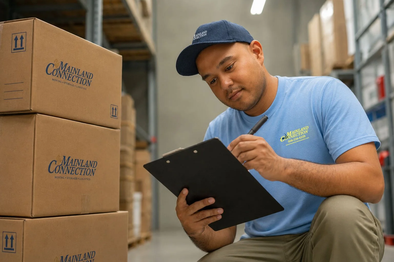 A worker in a warehouse wearing a blue T-shirt and cap with 'Mainland Connection' logo, writing on a clipboard next to stacked cardboard boxes labeled with the same company name, in the Nantucket designer moving, receiving, and delivery warehouse.