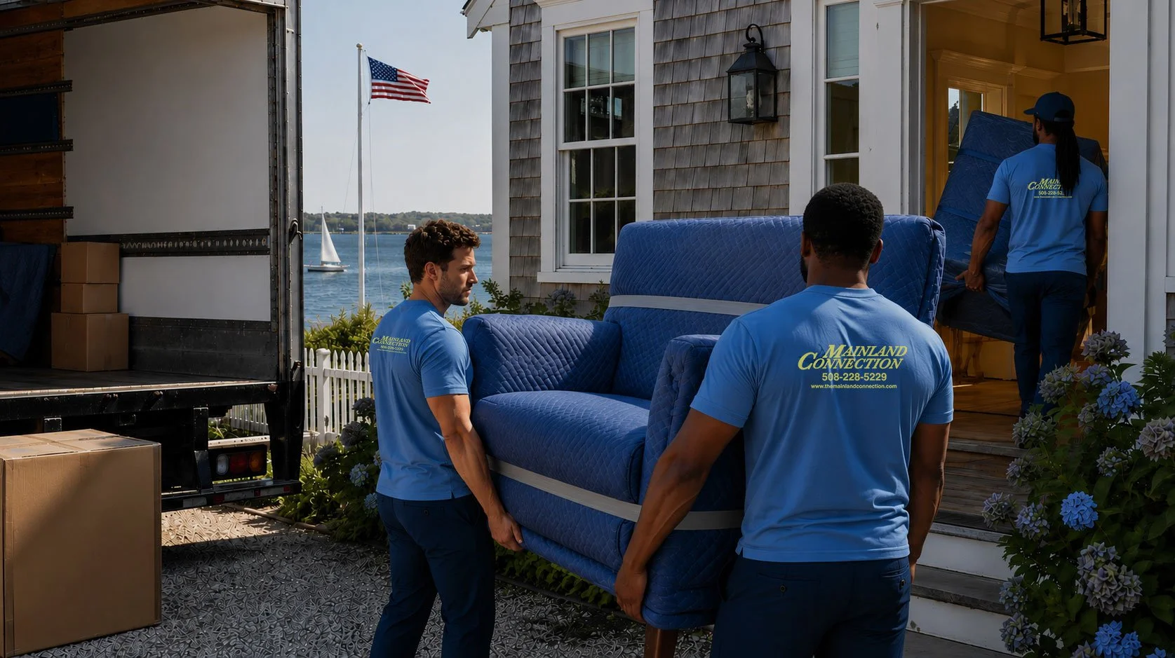 The Mainland Connection Nantucket moving crew unloading a large blue sofa from a truck outside a house with a view of the water and sailboat, American flag flying in the background.