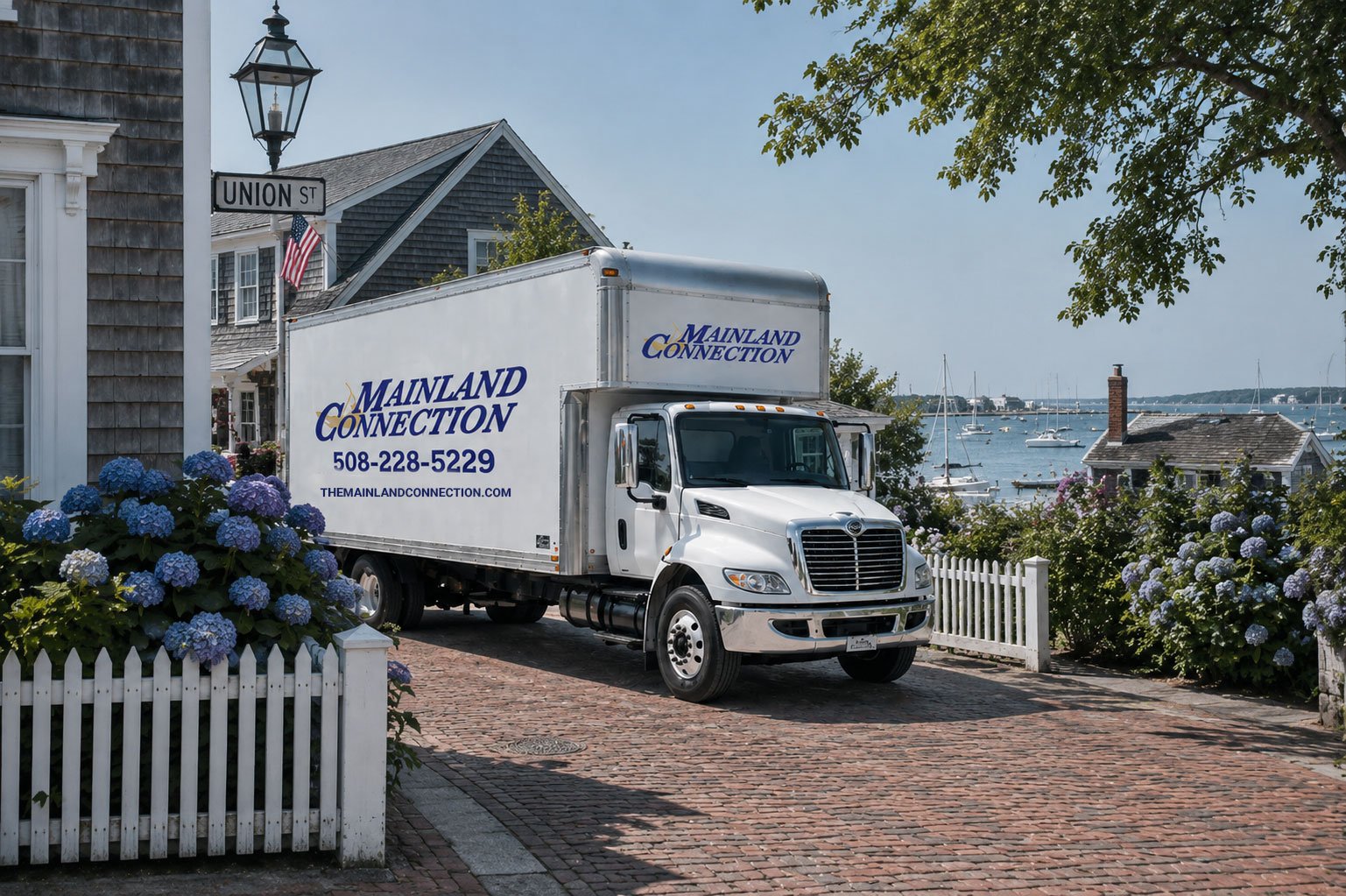A white Nantucket moving truck with 'Mainland Connection' branding parked on a brick street near a harbor with boats, surrounded by houses and blooming hydrangeas.