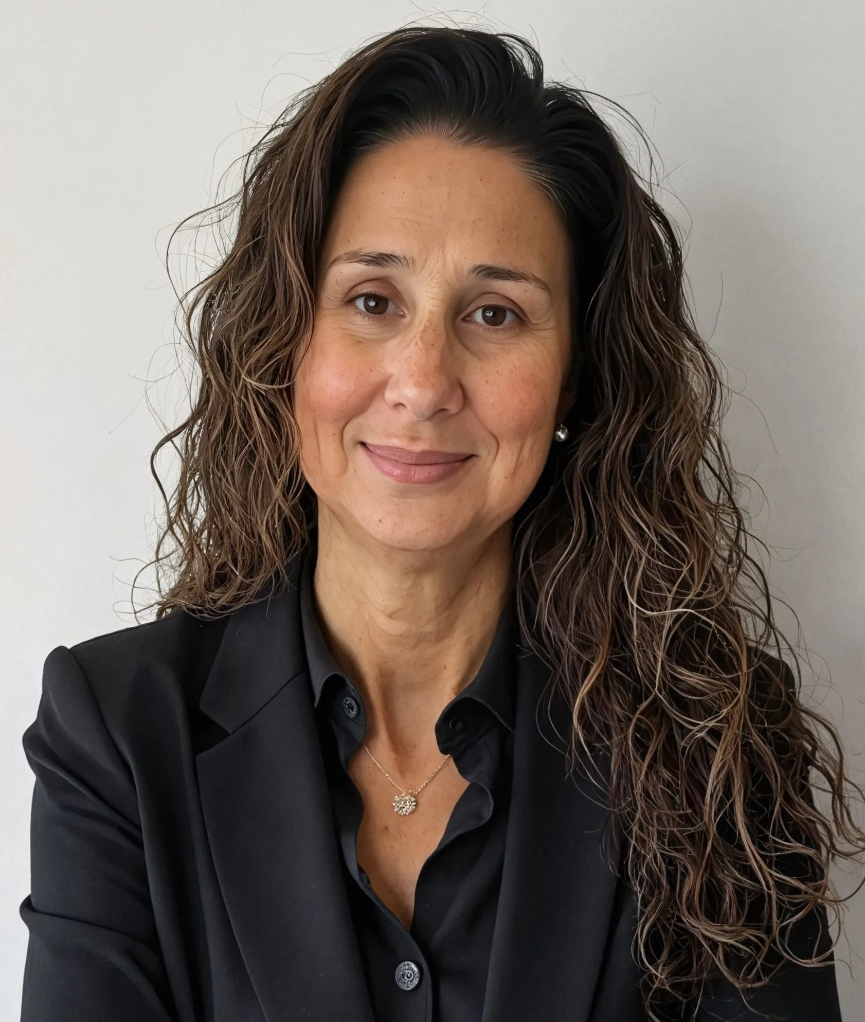 Portrait of a woman with curly brown hair, wearing a black blazer and a necklace with a floral pendant, standing against a light gray background.