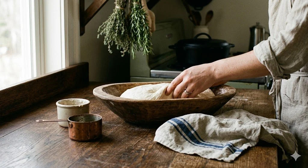 Artisanal dough preparation in a handmade wooden bowl—bridging farm soul and city precision for the Farmhouse Loaf study.