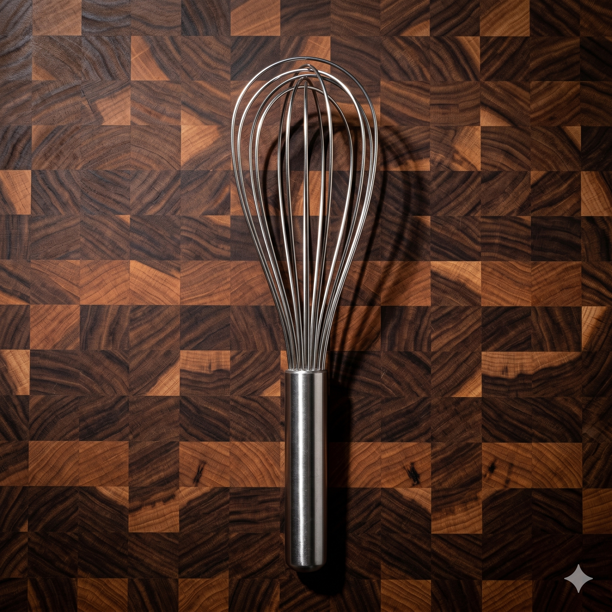 A BIFL professional stainless steel whisk centered on an end-grain board—a reinforced instrument for high-tension emulsions.