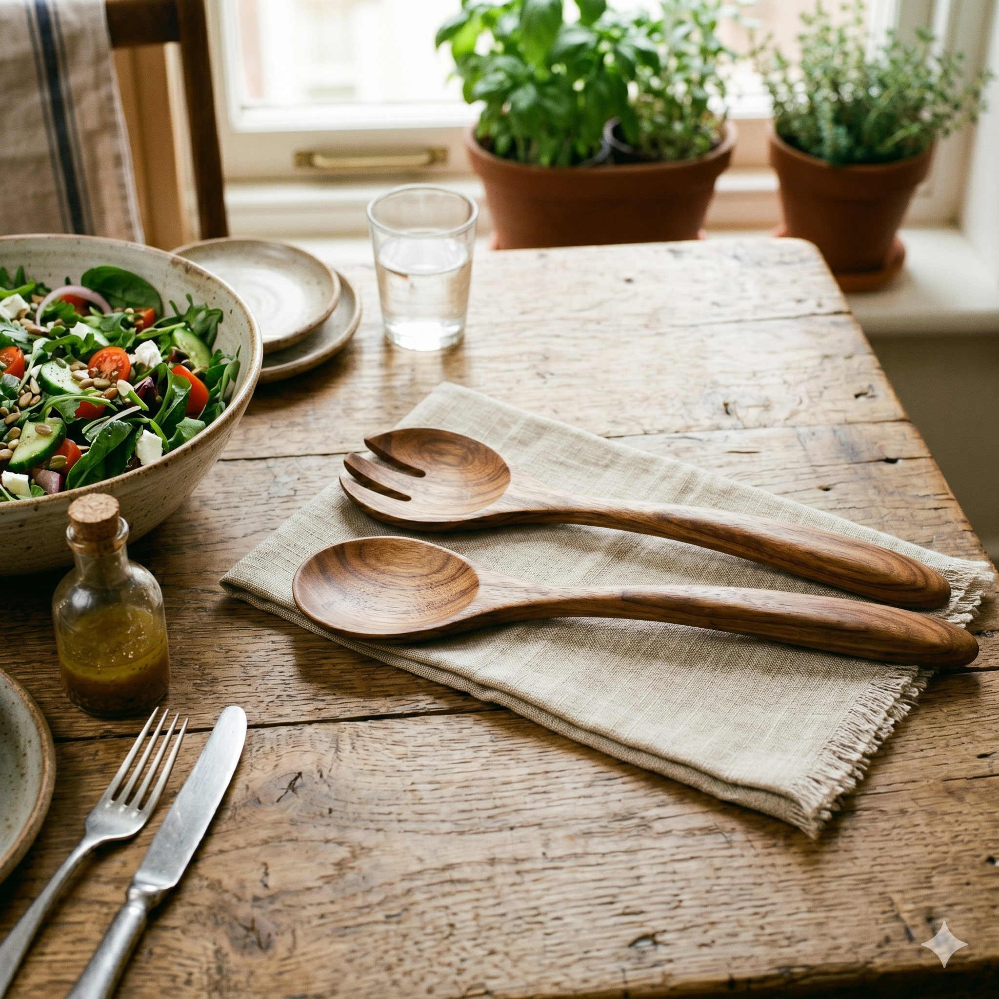 A BIFL artisan wood salad tosser—a heritage serving instrument designed for delicate ingredient integration and the CoraHildegarde Heirloom Standard.