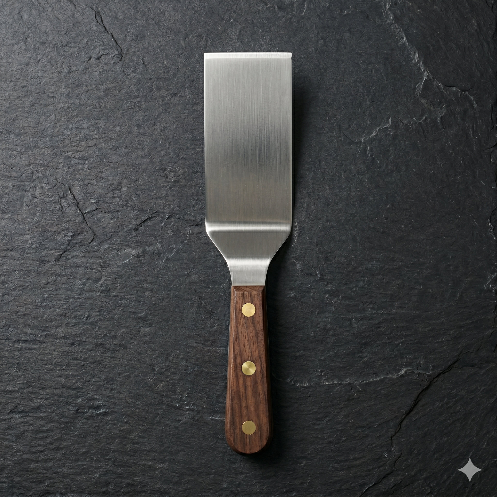 A BIFL stainless steel offset spatula centered on a slate surface—a specialized utility instrument for even application.