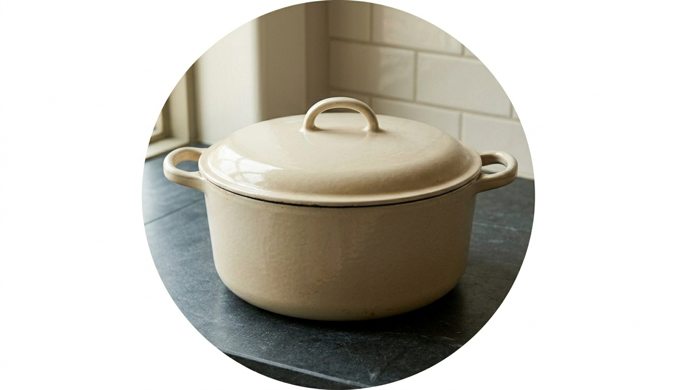 A close-up view of a 7-quart cream-colored enameled cast iron Dutch oven with its lid on, resting on a dark soapstone kitchen counter.