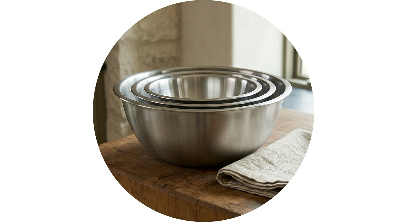 Set of three heavy-gauge stainless steel mixing bowls nested together on a weathered edge-grain butcher block counter surface next to a natural flax linen towel.