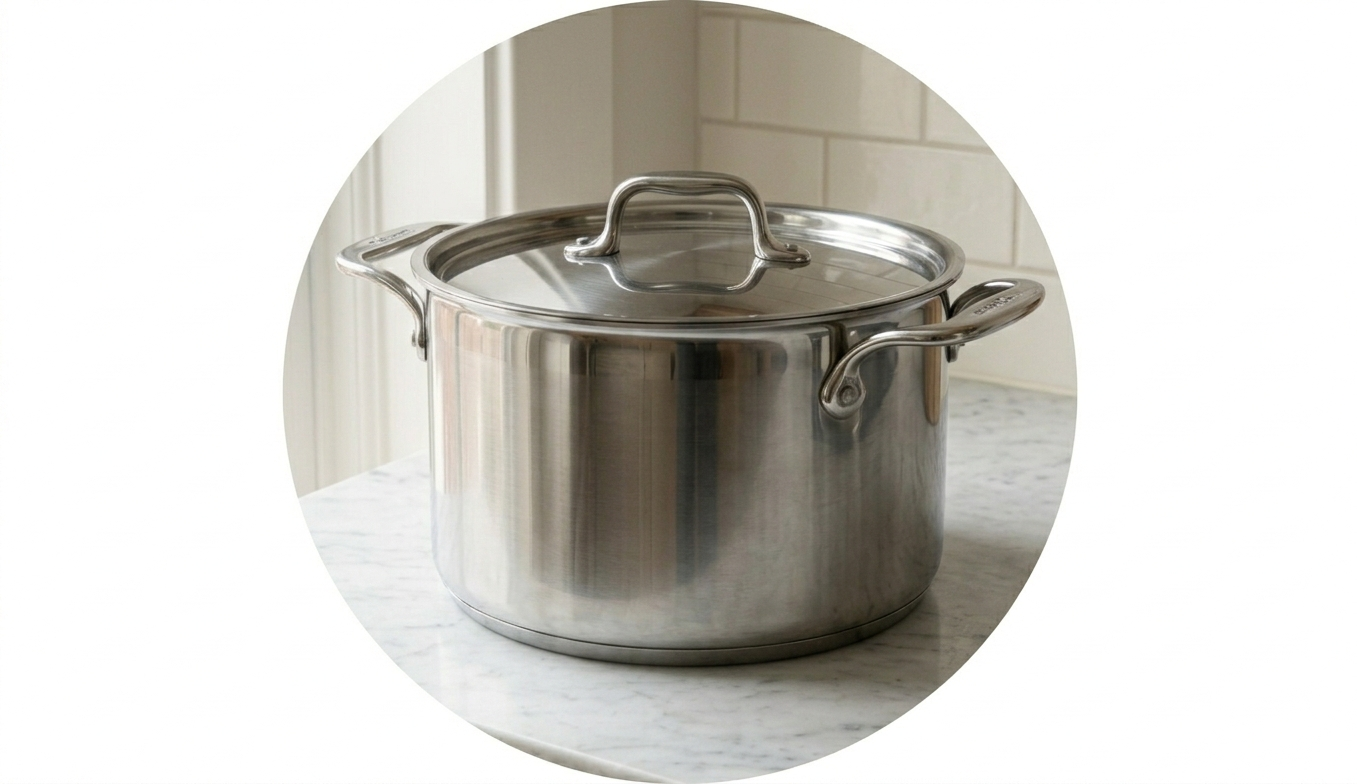 A close-up view of an 8-quart heavy-gauge stainless steel stockpot with handles and a lid, resting on a polished white Carrara marble counter.