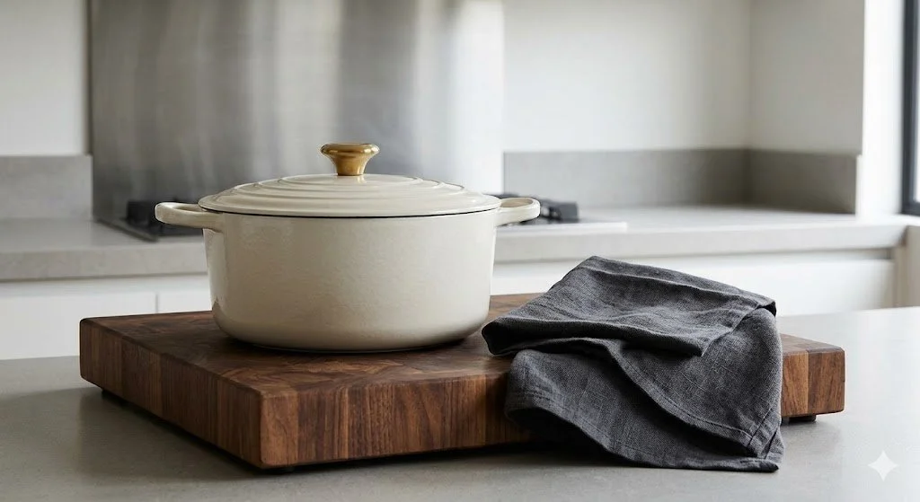 BIFL ceramic Dutch oven with gold hardware on a sculptural end-grain cutting board—part of The Hearth collection for deliberate slow-cooking.