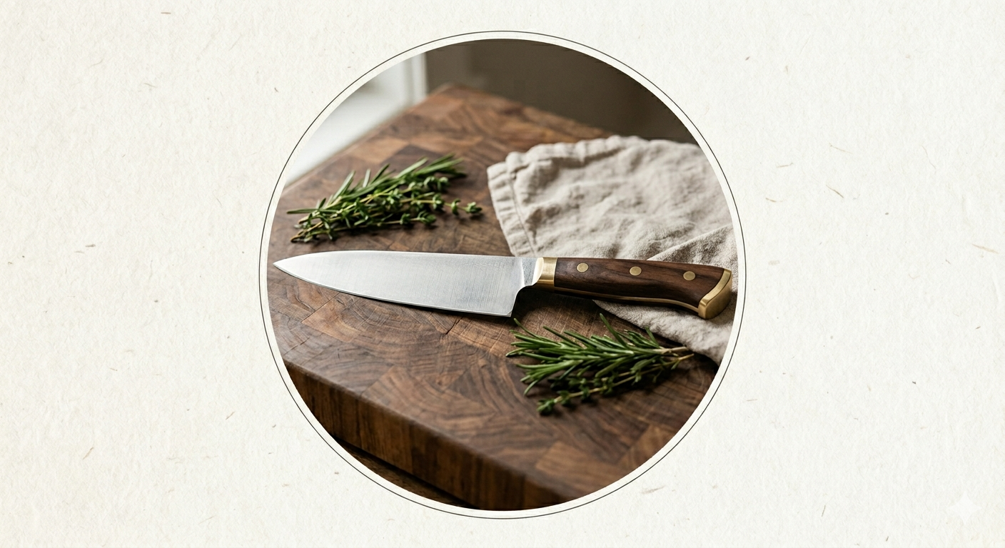 8-inch chef's knife with wood handle on countertop