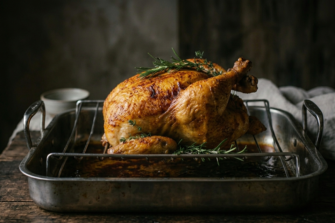 Study No. 1: Whole roasted chicken in a durable roasting pan—an elevated struggle meal focusing on technical precision.