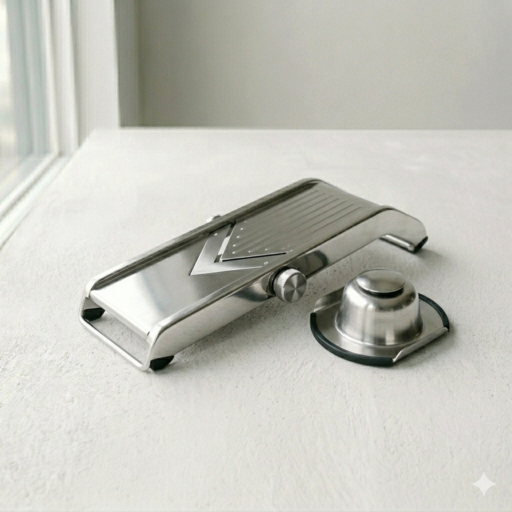 Professional catalog-style photograph of a Stainless Steel Mandoline Slicer  centered on a clean white matte concrete background, emphasizing high-end culinary infrastructure.