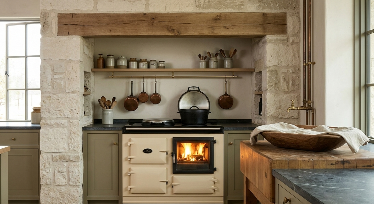 The Hearth: A high-end kitchen featuring a prominent wood-burning range, hanging copper cookware, and aged plaster walls, representing the heart of the home.