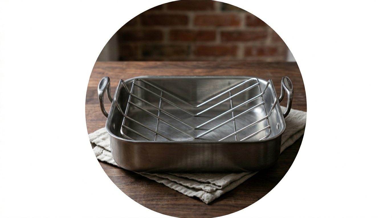 Durable stainless steel roasting pan with rack—the essential tool for Study No. 1: Roasted Chicken.