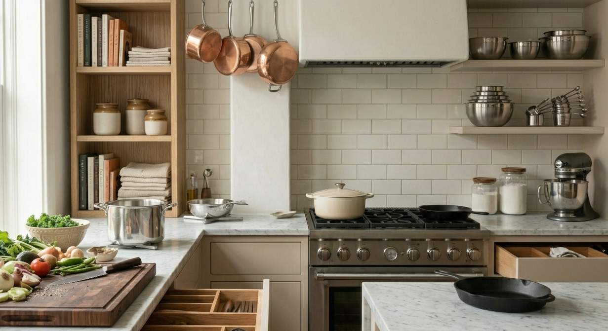 The Foundation: A refined, professional kitchen setup highlighting architectural elements like stone countertops, heavy-gauge stainless steel, and minimalist shelving.