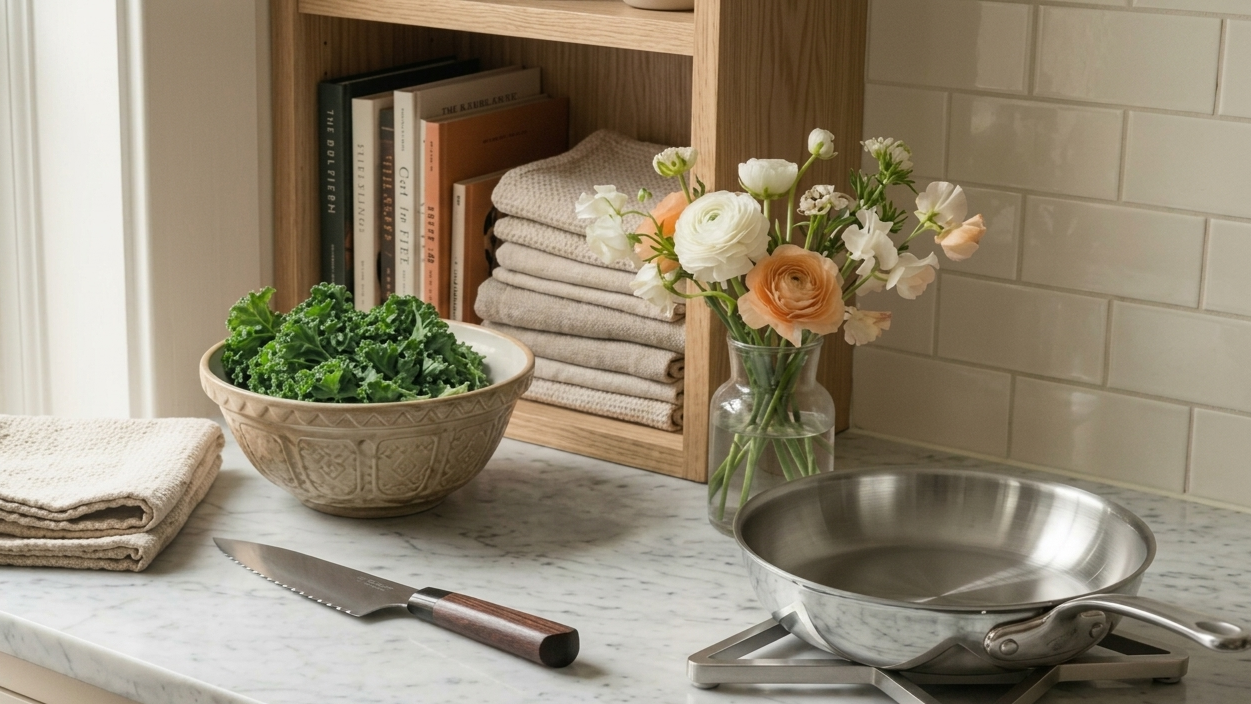 The Prep: An organized kitchen workspace featuring a raw wood end-grain cutting board, artisan knives, and natural light hitting a clean marble countertop.