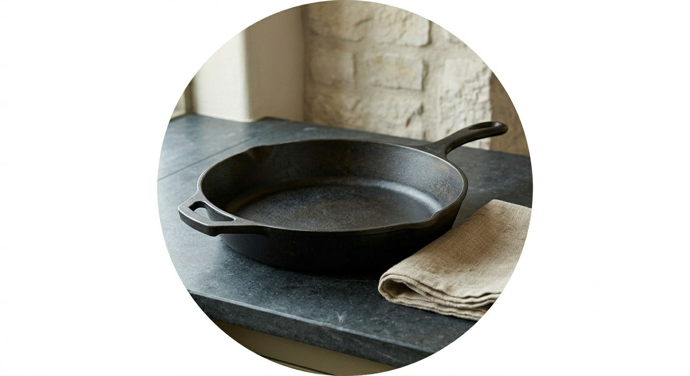 A heavy, seasoned 12-inch cast iron skillet with pour spouts resting on a honed soapstone counter surface next to a natural beige linen towel.