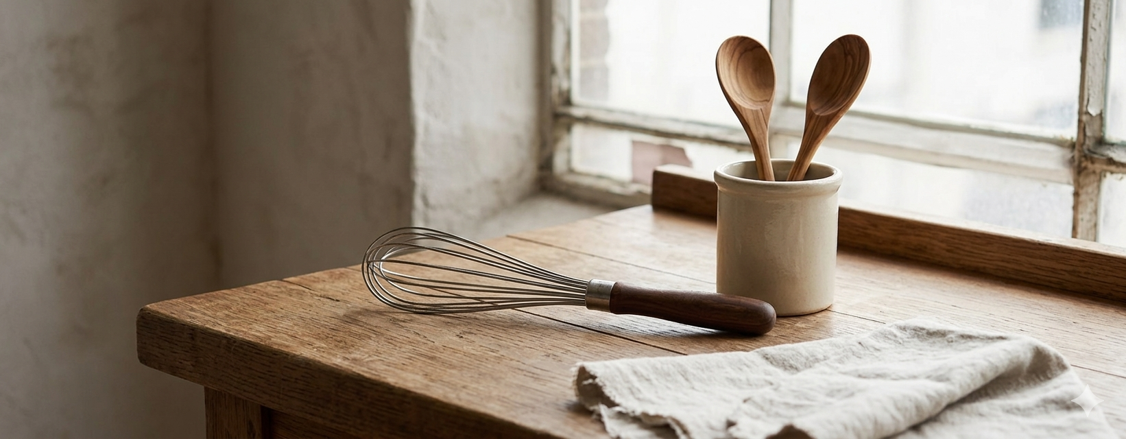 Curated BIFL kitchen essentials: a wire whisk and wooden spoons—sculptural tools that meet the Heirloom Standard for deliberate living.