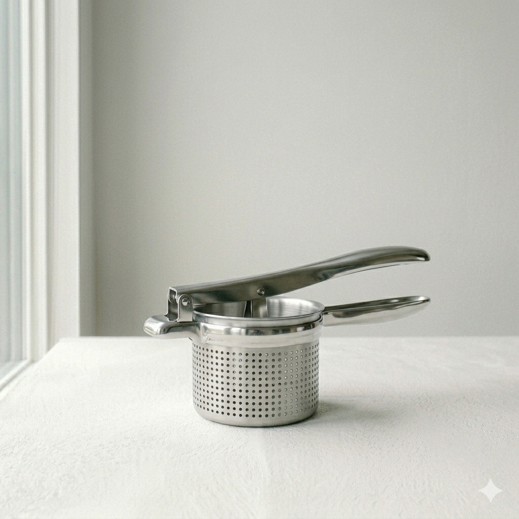 Professional catalog-style photograph of a Heavy-Duty Stainless Steel Potato Ricer centered on a clean white matte concrete background, emphasizing high-end culinary infrastructure.