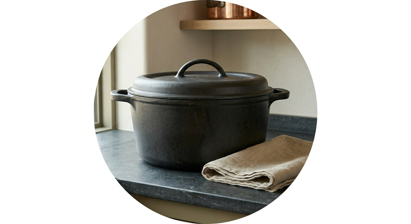 Matte gray enameled cast iron 7-quart Dutch oven with lid on soapstone counter next to natural flax linen towel.