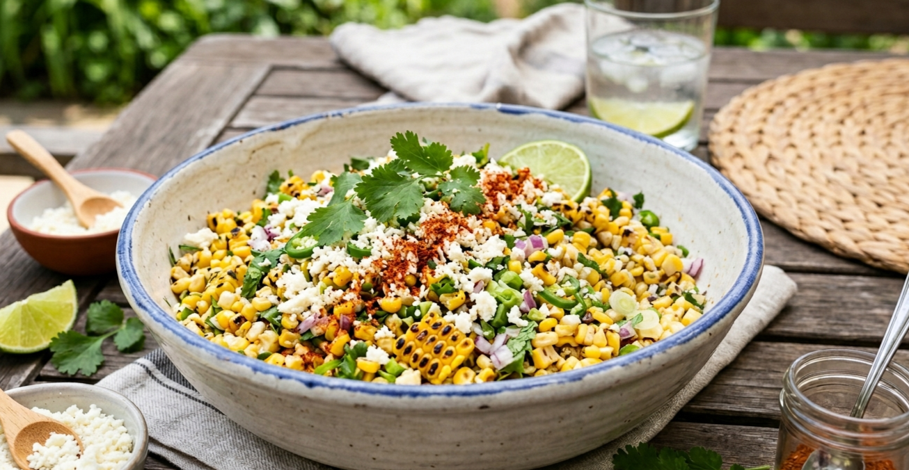 Study No. 10: Fire-roasted corn and poblano salad with Mexican crema and Tajín in a ceramic bowl—a technical study in controlled charring and the CoraHildegarde Heirloom Standard.