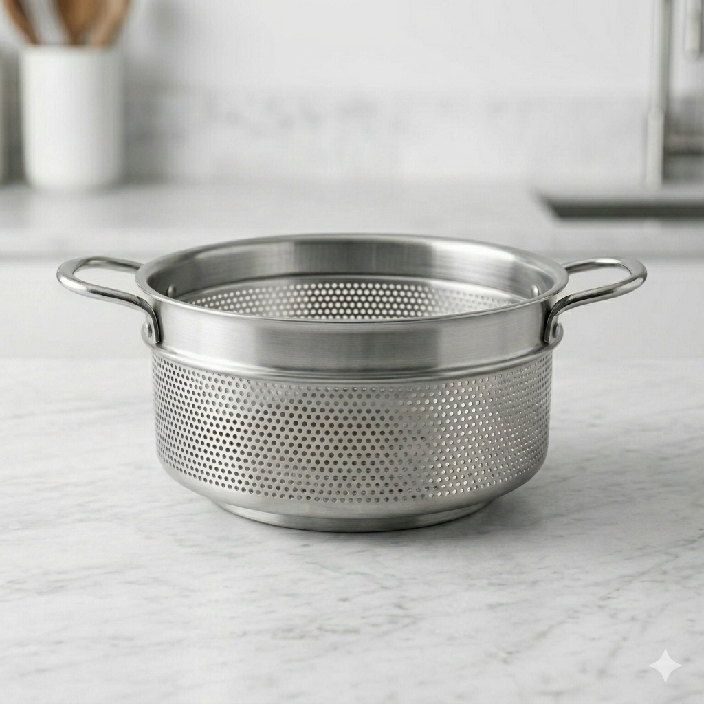 Professional-grade stainless steel pasta insert with perforated body, solid top rim, and integrated handles, resting on a marble kitchen surface.