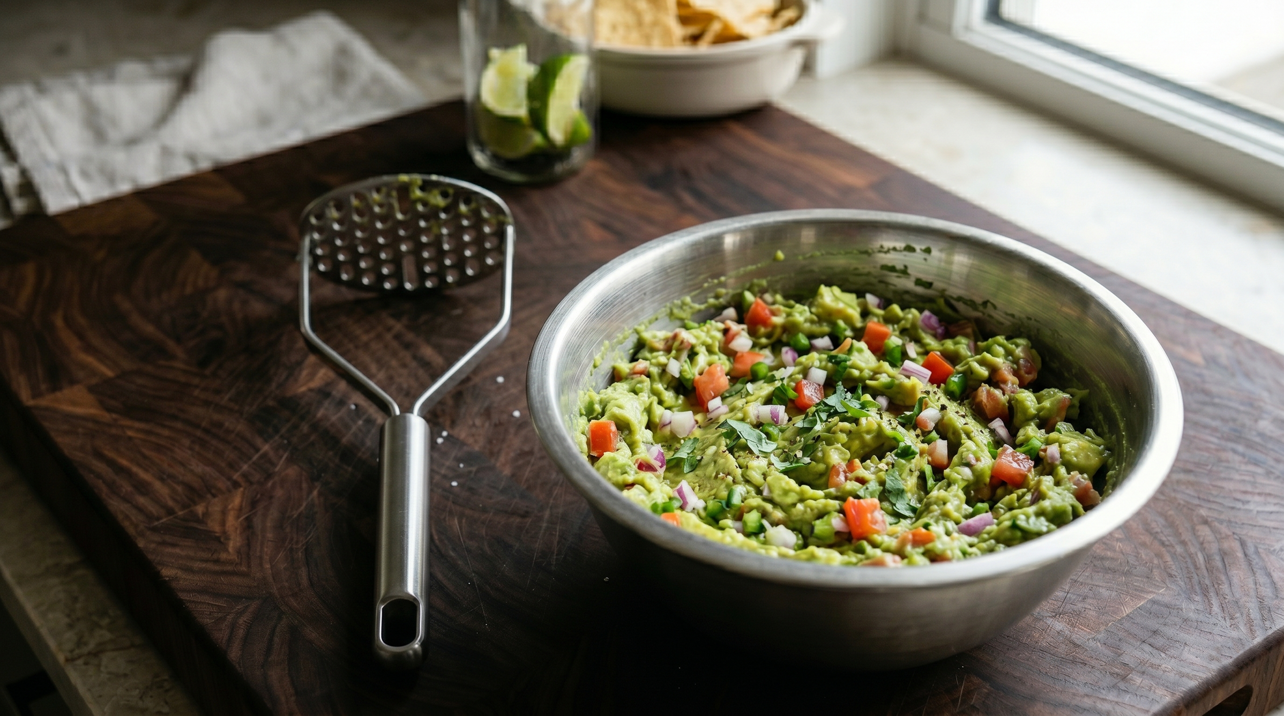 Study No. 13: Elevated Guacamole with sharp red onion and vibrant cilantro in a heavy-gauge stainless steel mixing bowl—a technical study in oxidation management featuring expansive negative space for the digital ledger title.