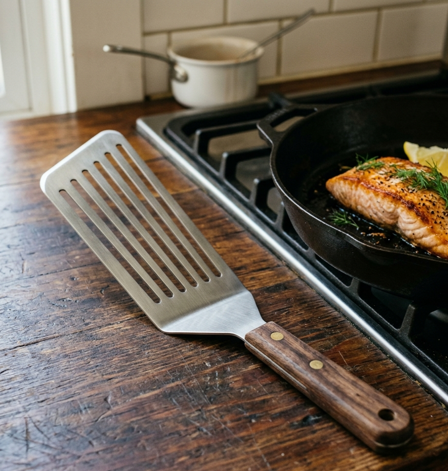 A metal spatula with a wooden handle resting on a rustic wooden kitchen counter near a stove, with a skillet containing a seasoned piece of salmon garnished with herbs, and a small pot in the background.