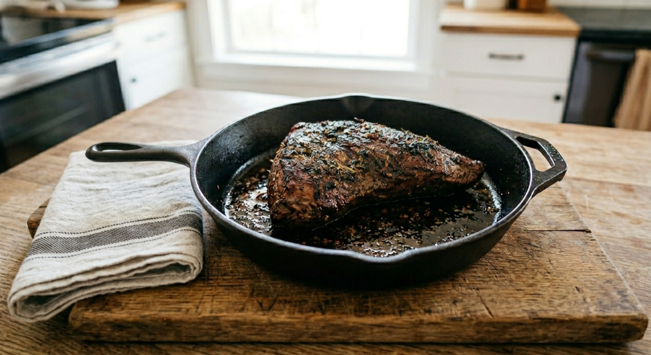 Study No. 4: Oven-roasted tri-tip resting in a BIFL cast iron skillet—a sculptural presentation of elevated technique on a rustic wood board.