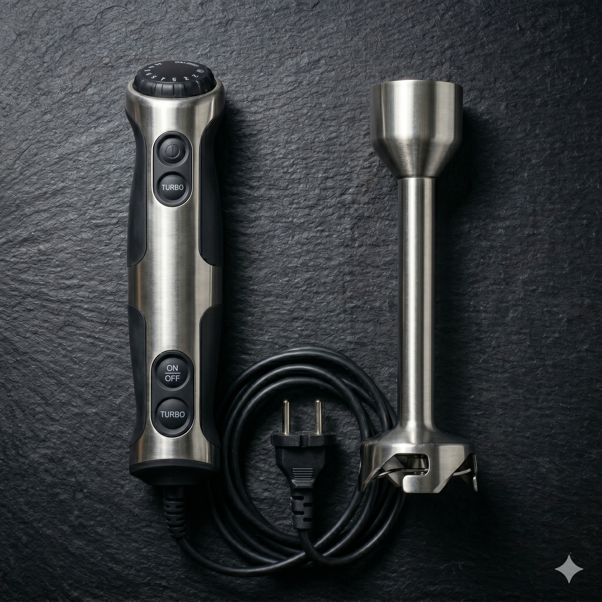 A professional stainless steel immersion blender centered on slate—a motorized BIFL instrument for technical emulsions.