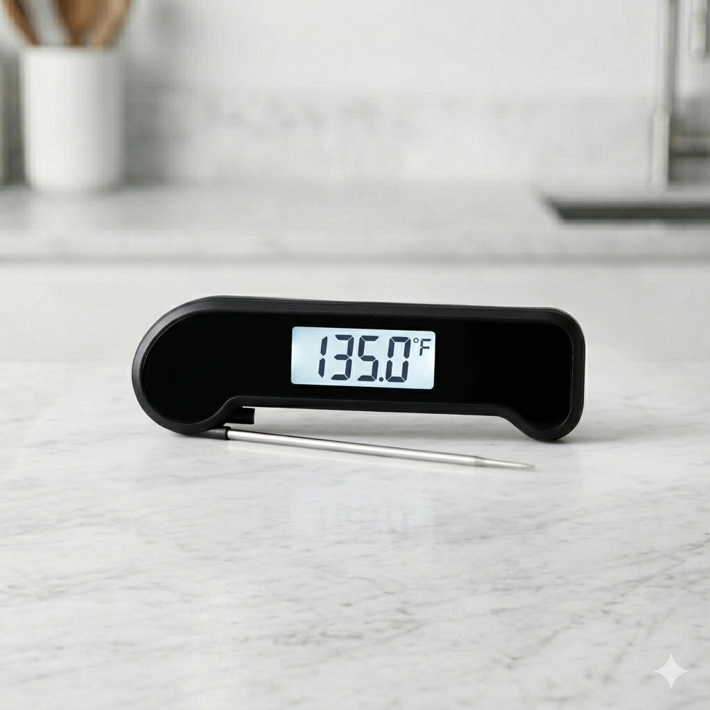 Sleek black instant-read digital thermometer with a precise temperature display, perfectly centered on a light marble surface.
