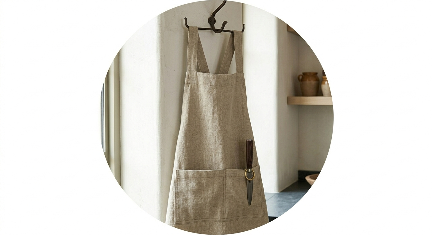 Natural flax linen apron with robust cross-back straps hanging on an aged brass hook against a limewashed stone wall.