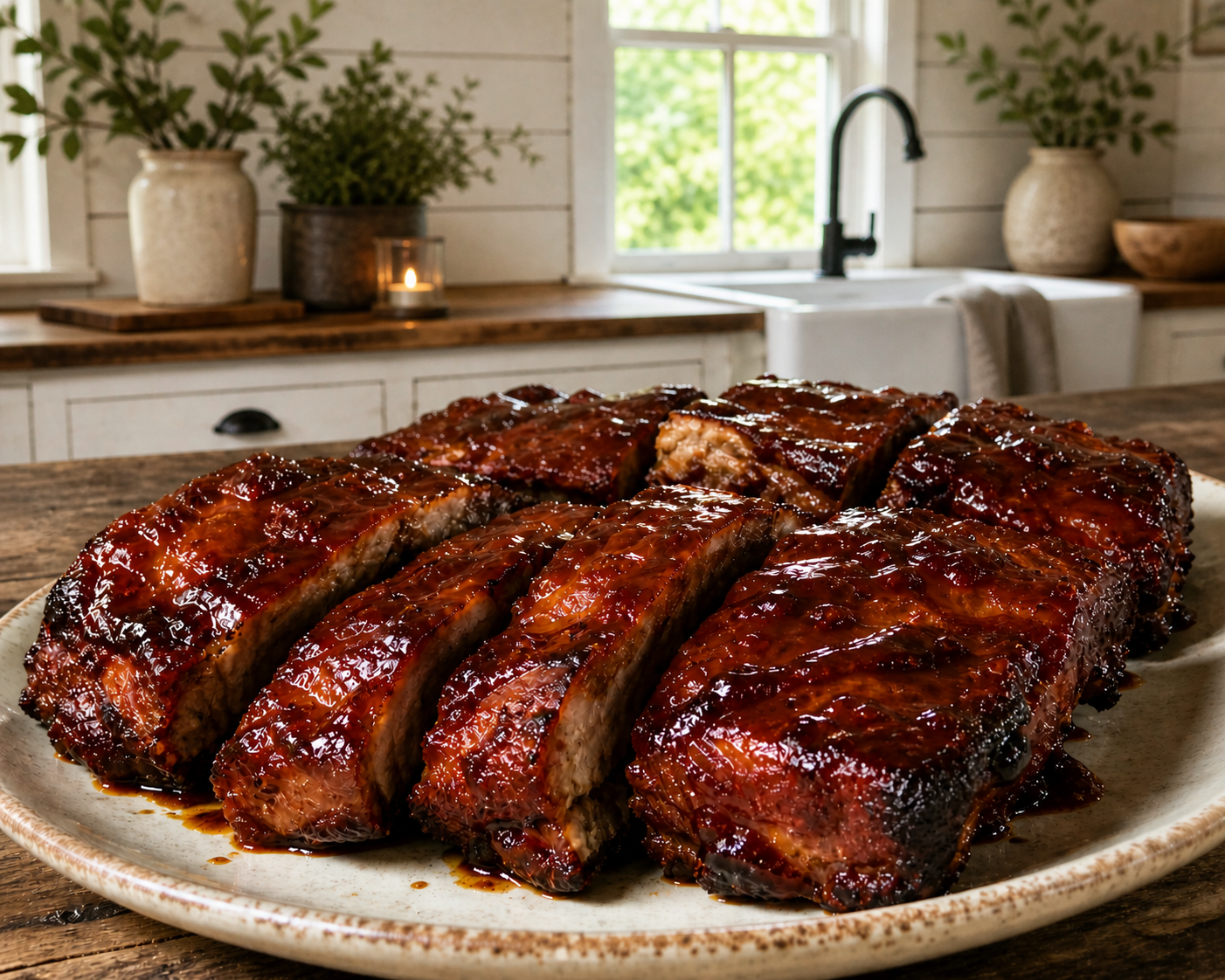 Study 07: Technical braise of country-style pork ribs featuring a dark, caramelized BBQ glaze.