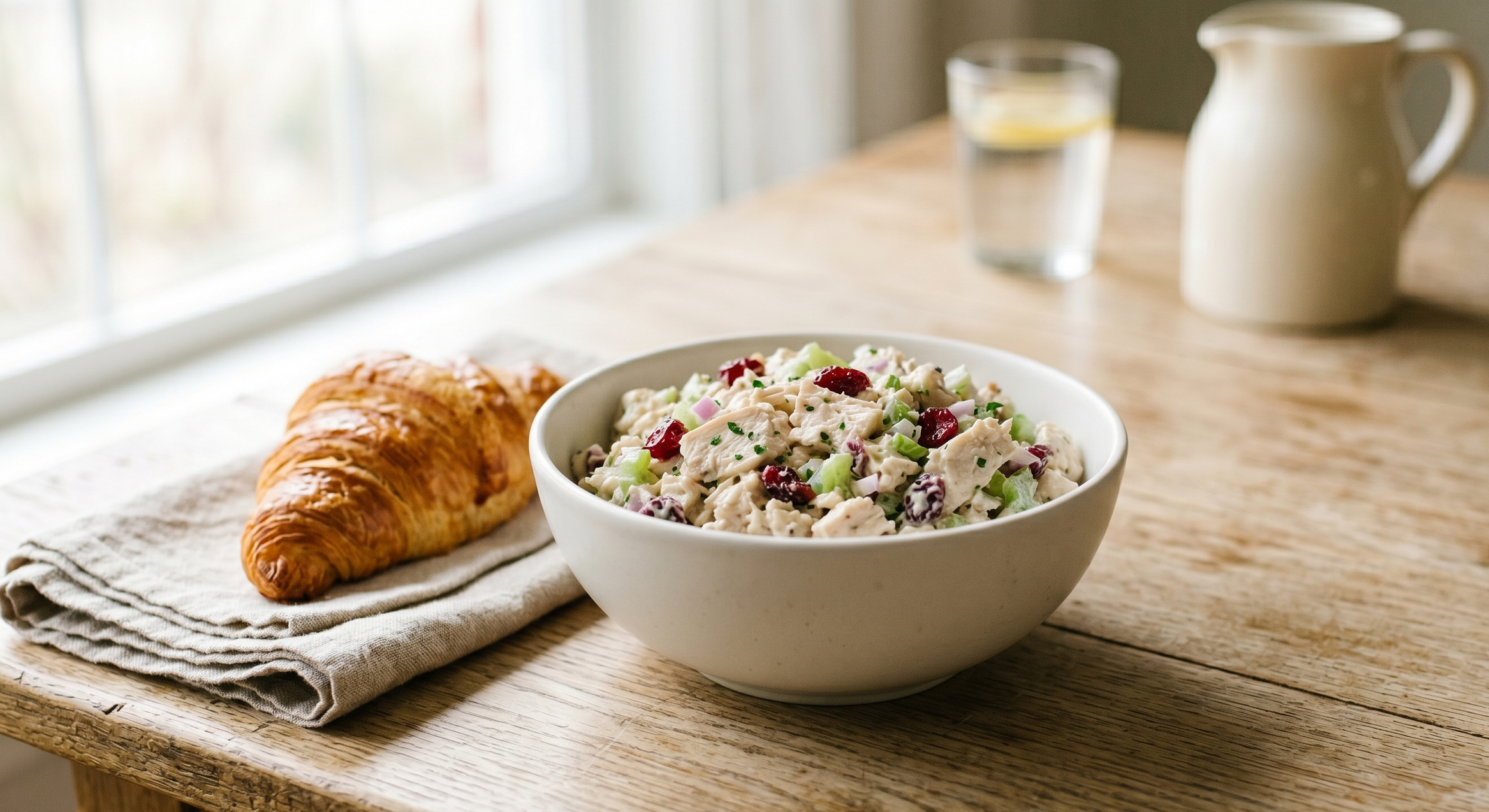 Top-down gallery view of a white matte ceramic bowl filled with uniformly cubed chicken salad on a pale oak farmhouse table, showing precise culinary knife work and technical texture management under natural window daylight.