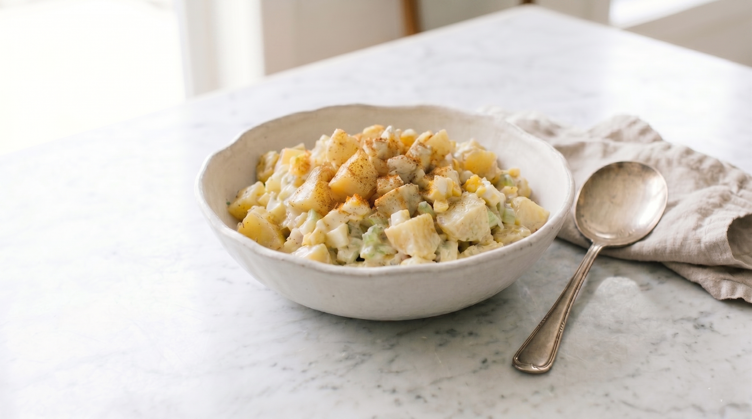Study No. 12: Mustard & Brine Potato Salad with a paprika dusting in a white ceramic bowl—a technical study in starch management and emulsion featuring expansive negative space for the digital ledger title.