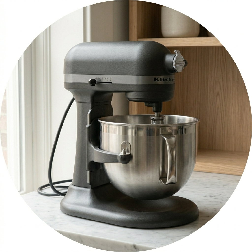 A close-up view of a professional-grade matte black stand mixer with a stainless steel mixing bowl, resting on a polished white Carrara marble counter.