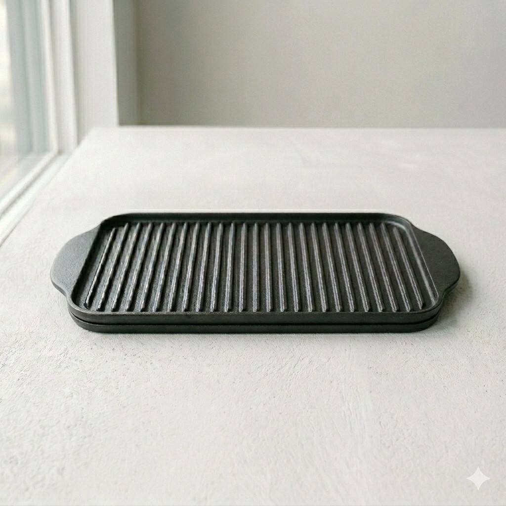 Professional catalog-style photograph of a Heavy Cast Iron Grill & Griddle centered on a clean white matte concrete background, emphasizing high-end culinary infrastructure.