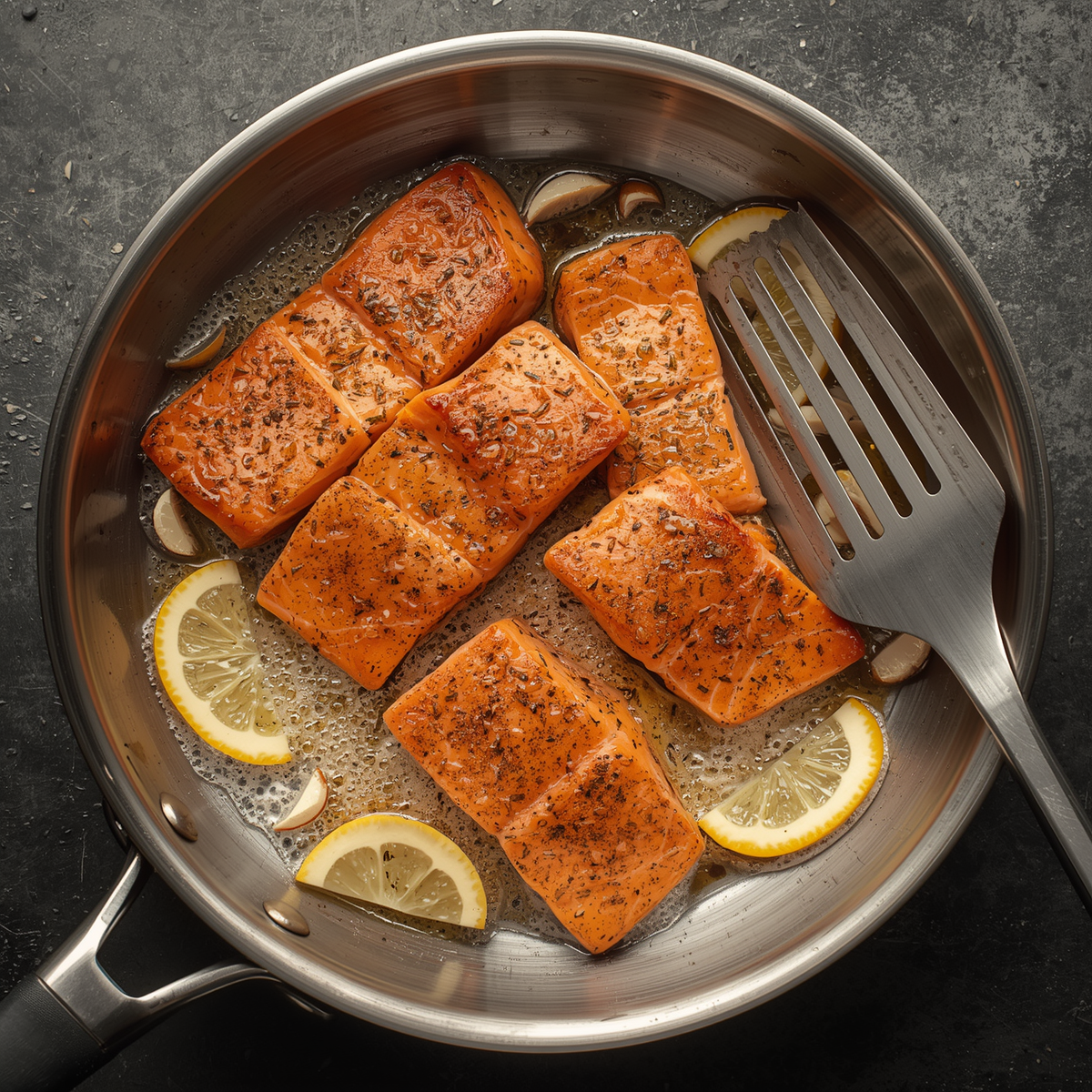 Study No. 8: Pan-seared salmon with a technical, glass-shatter crispy skin in a BIFL stainless steel skillet—a professional study in protein surface contact and the Heirloom Standard.