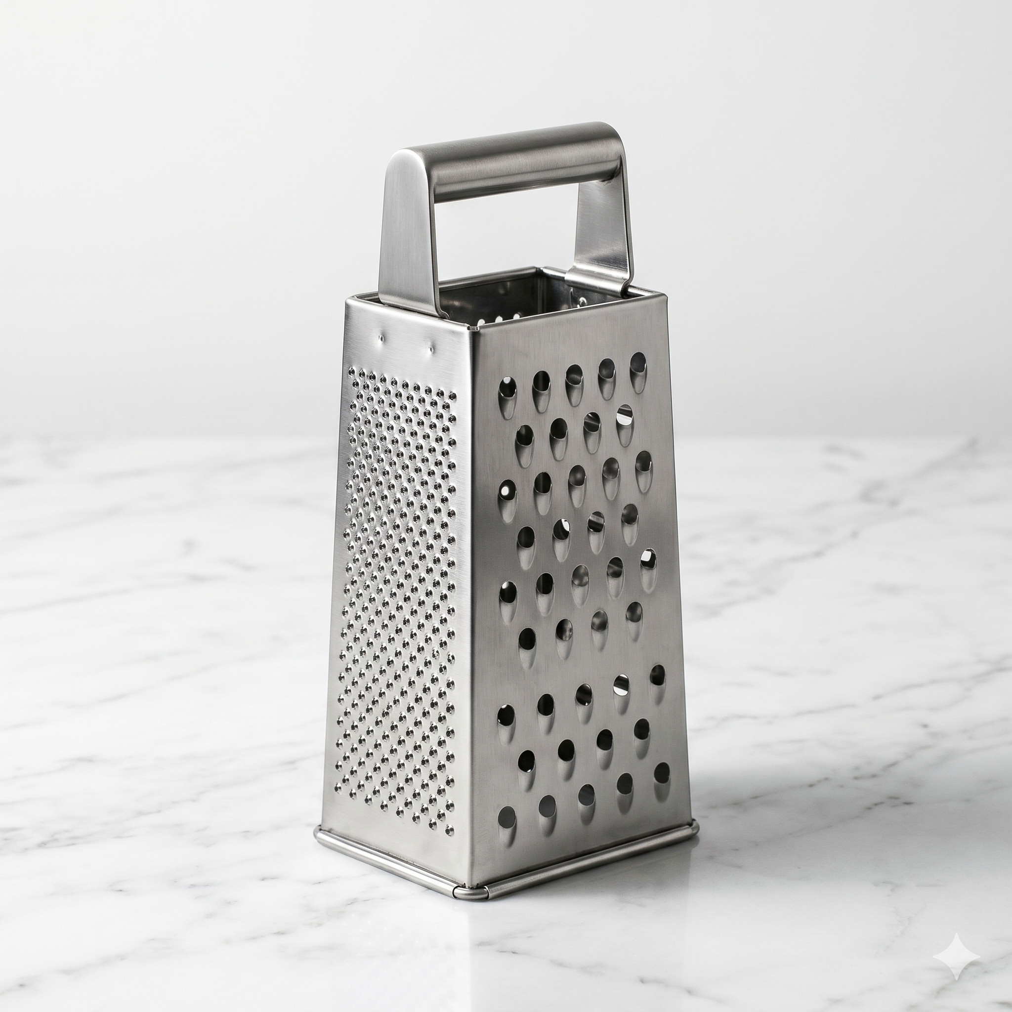 A heavy-gauge stainless steel box grater centered on marble—a durable BIFL tool for structural ingredient preparation.