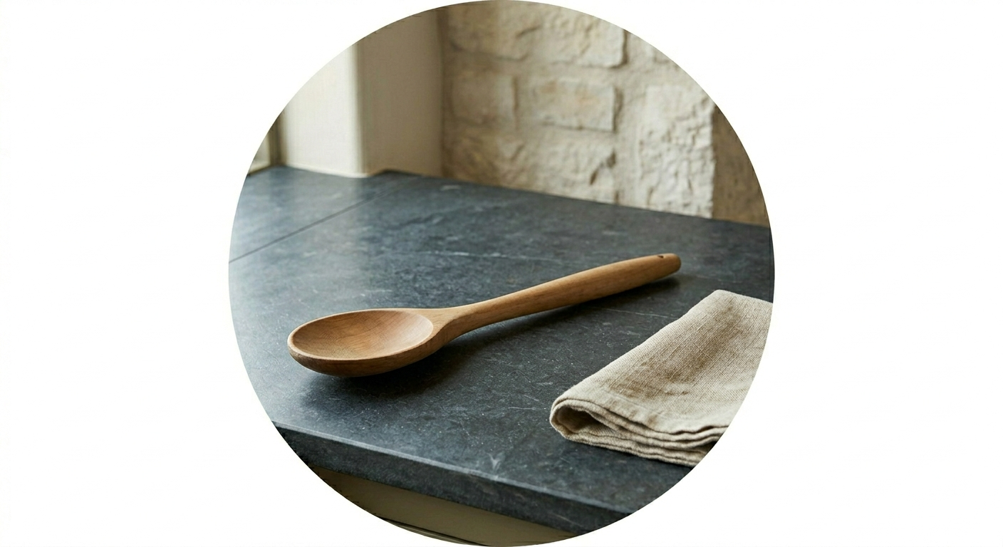 A dense maple hardwood stirring spoon resting on a dark soapstone counter next to a natural flax linen towel.