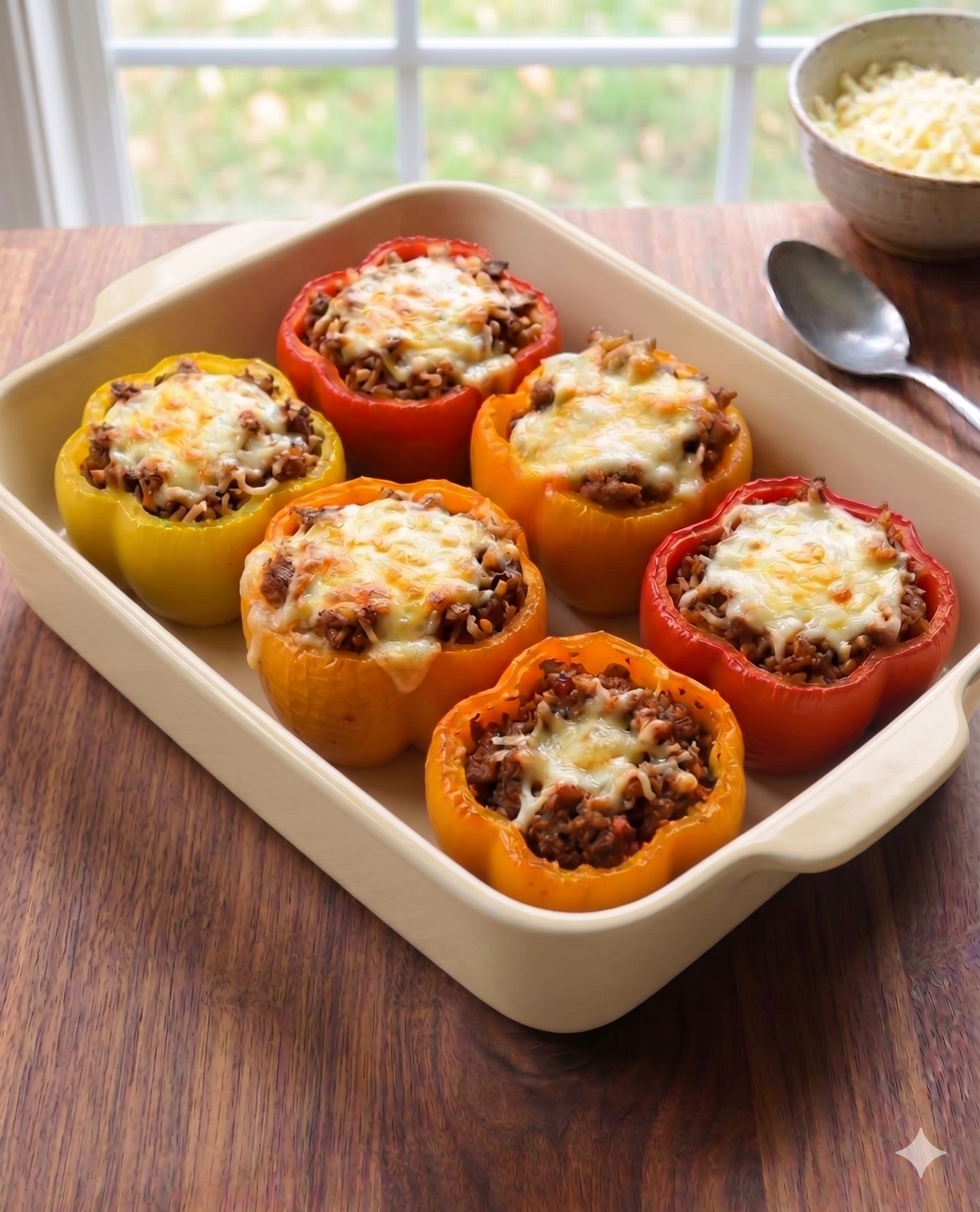 Study No. 14: Baked bell peppers standing vertically inside a heavy cream casserole dish under sharp daylight, emphasizing structural integrity.