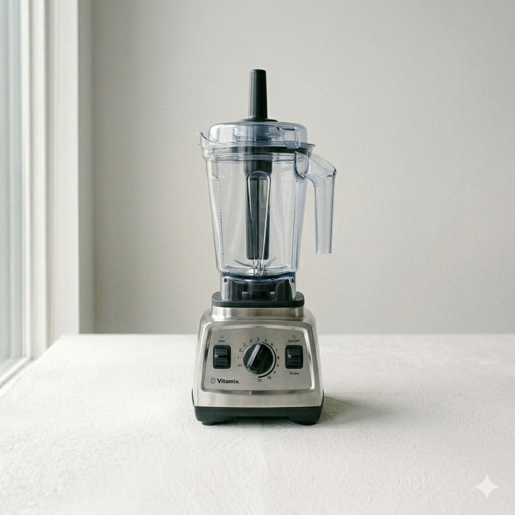 Professional catalog-style photograph of a High-Speed Countertop Blender centered on a clean white matte concrete background, emphasizing high-end culinary infrastructure.