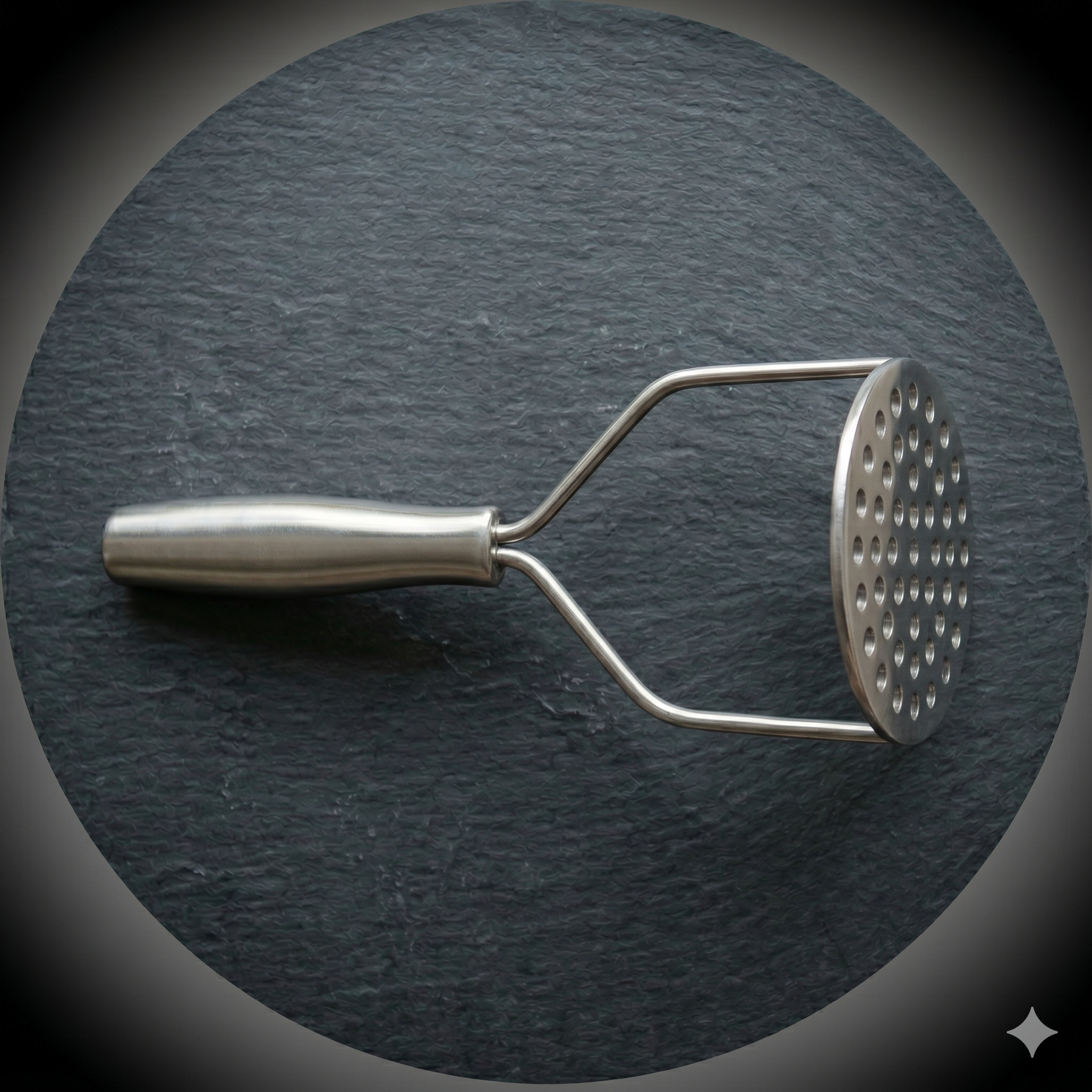 A BIFL single-piece stainless steel potato masher centered on a slate surface—a reinforced instrument for heavy-duty mechanical prep.
