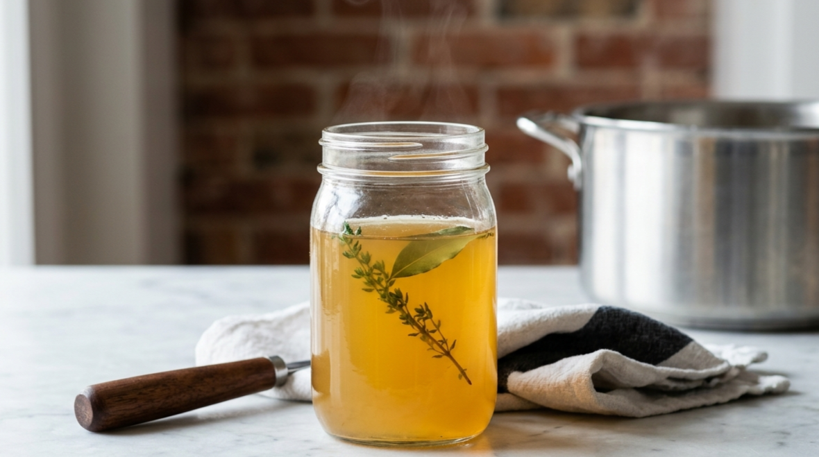 Study No. 2: Gelatinous chicken stock in a glass mason jar—an elevated struggle meal base extracted using BIFL stainless steel cookware.