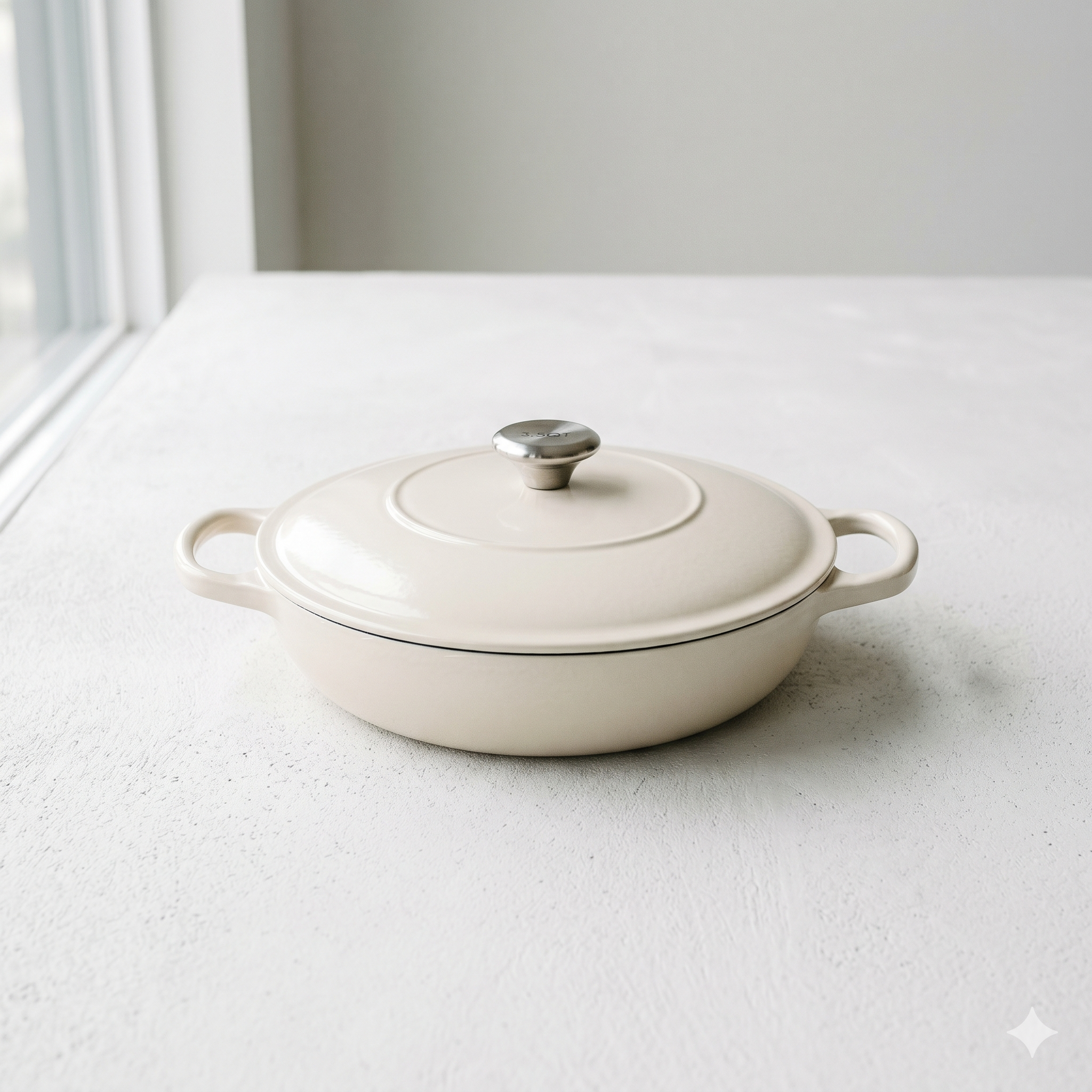 Professional catalog-style photograph of a 3.5-Quart Enameled Cast Iron Braiser centered on a clean white matte concrete background, emphasizing high-end culinary infrastructure.