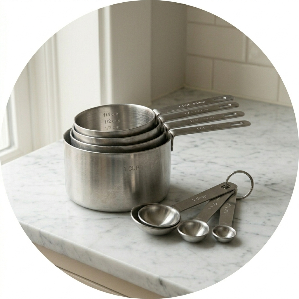 A close-up view of nested heavy-gauge stainless steel measuring cups and a linked set of nested measuring spoons, showing their complete forms and etched volume markings, resting on a polished white Carrara marble counter.