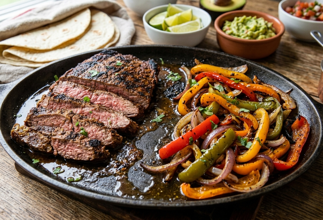 Sheet pan beef fajitas showcasing technical char on outside skirt steak and caramelized peppers. served on a heritage skillet